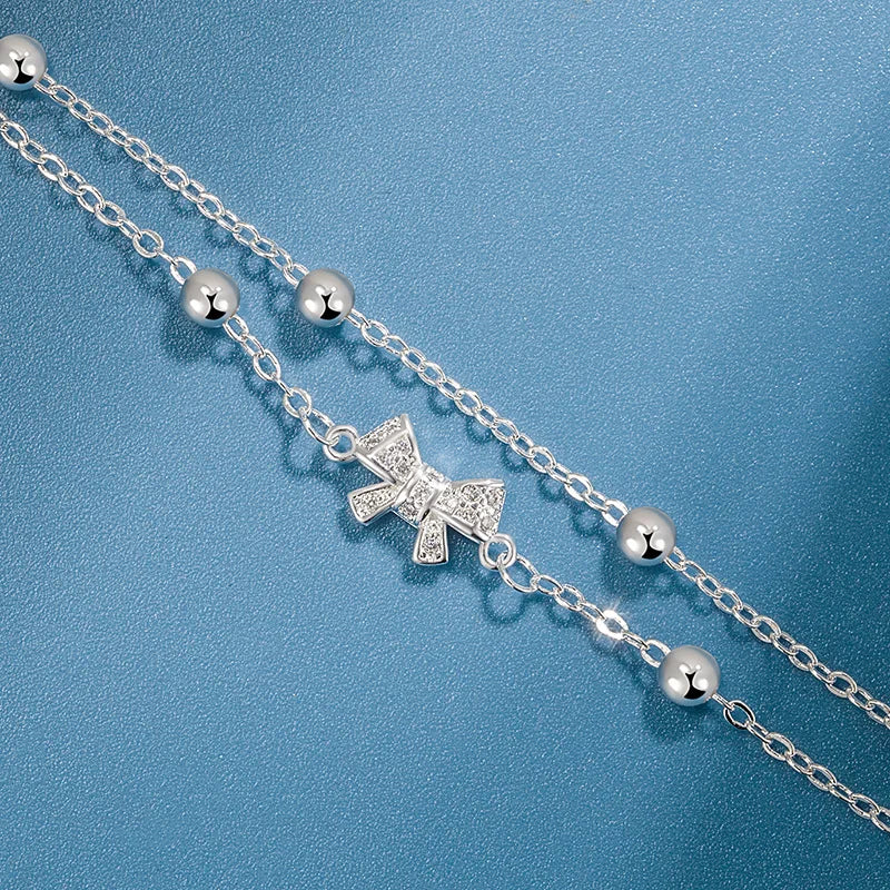 Silver Double-Layer Layered Zircon Bow Tie Charm Bracelet for Women