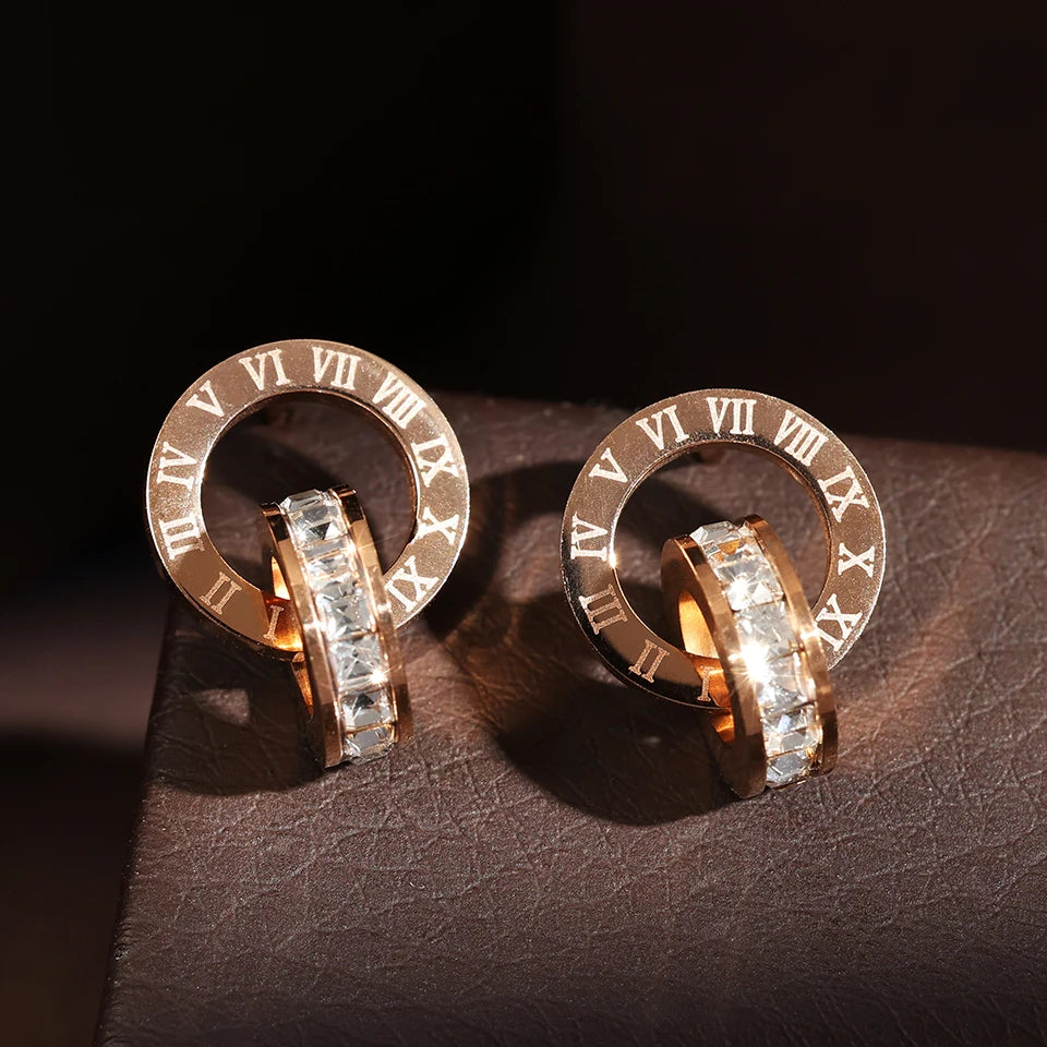 Roman Numerals Detail Rhinestone Stud Earrings for Women