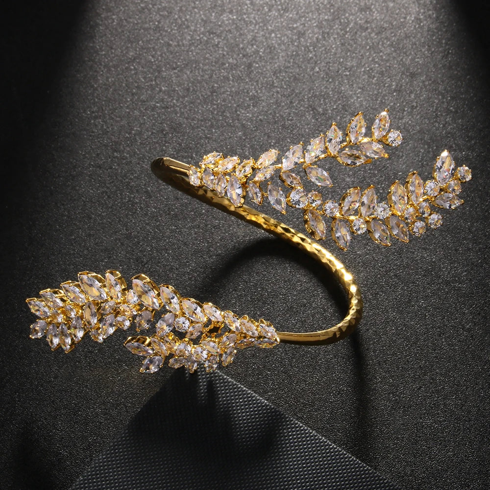 Exquisite Leaves Zirconia Cuff Bangle Bracelet