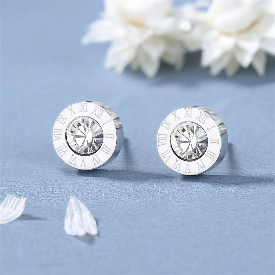Roman Numerals Detail Rhinestone Stud Earrings for Women