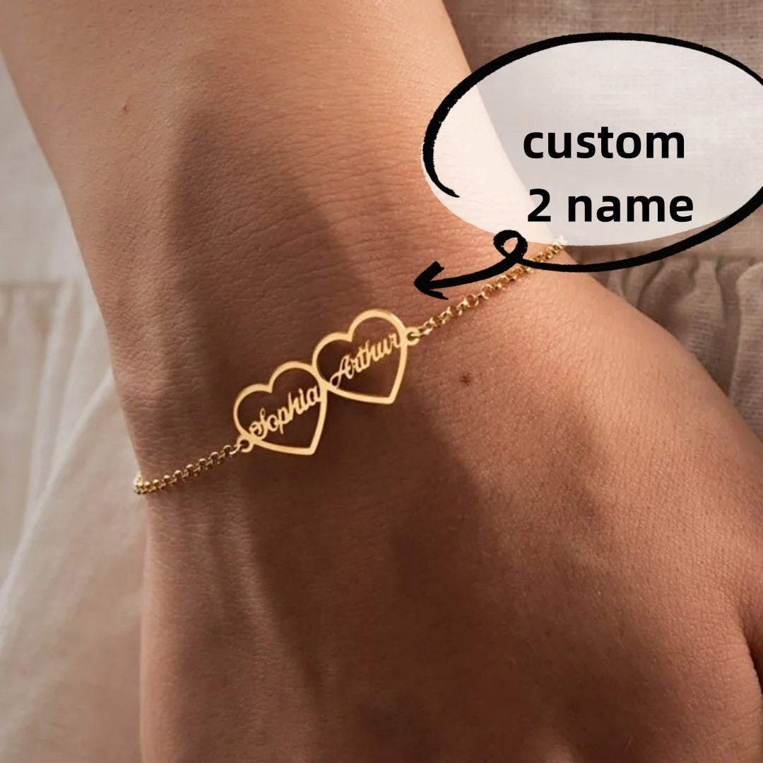 Custom Personalized Double Heart with 2 Names Bracelet