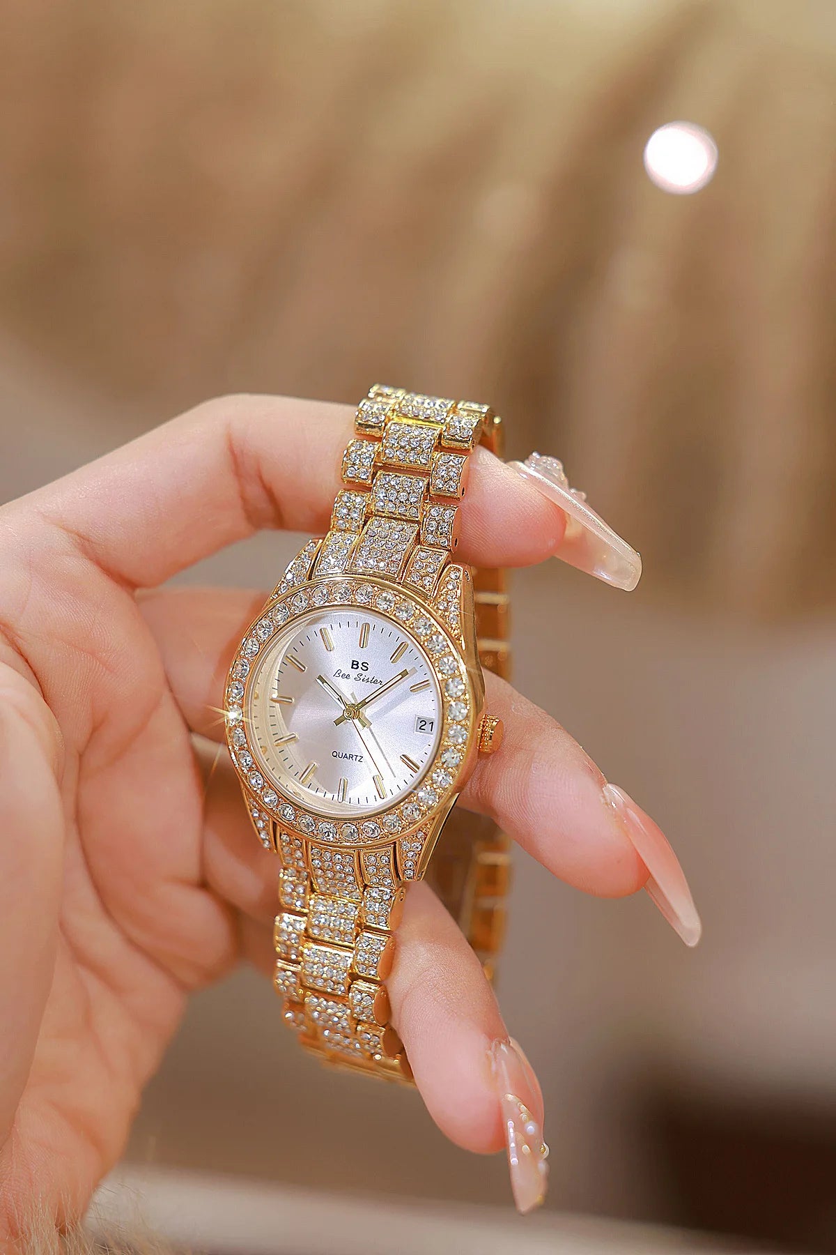 Luxury Crystal Silver Gold Quartz Watches with Calendar for Women