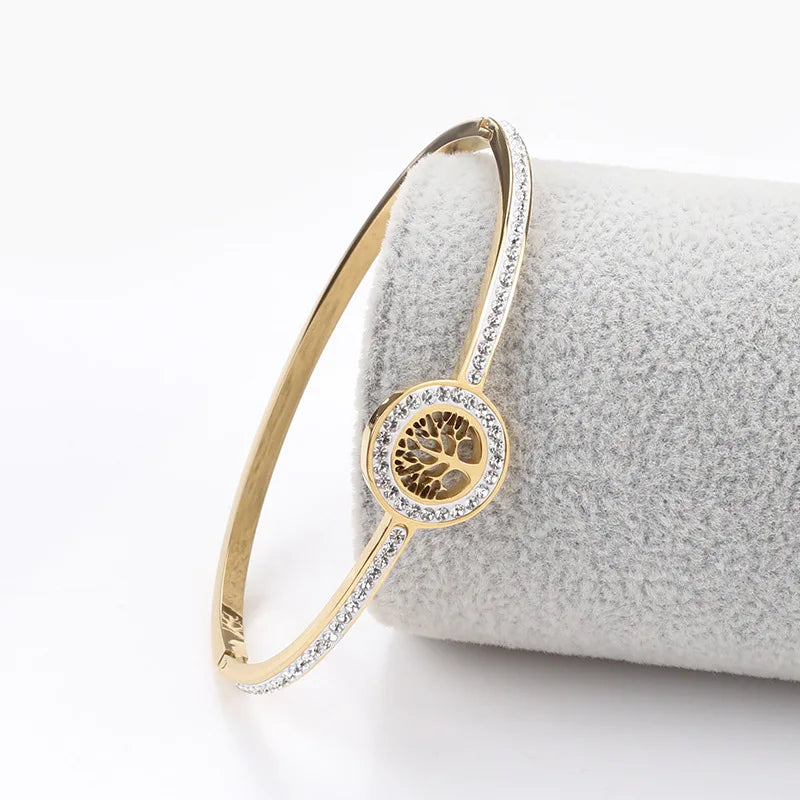 18K Gold-Plated Diamond Tree Of Life Charm Bangle Bracelet for Women