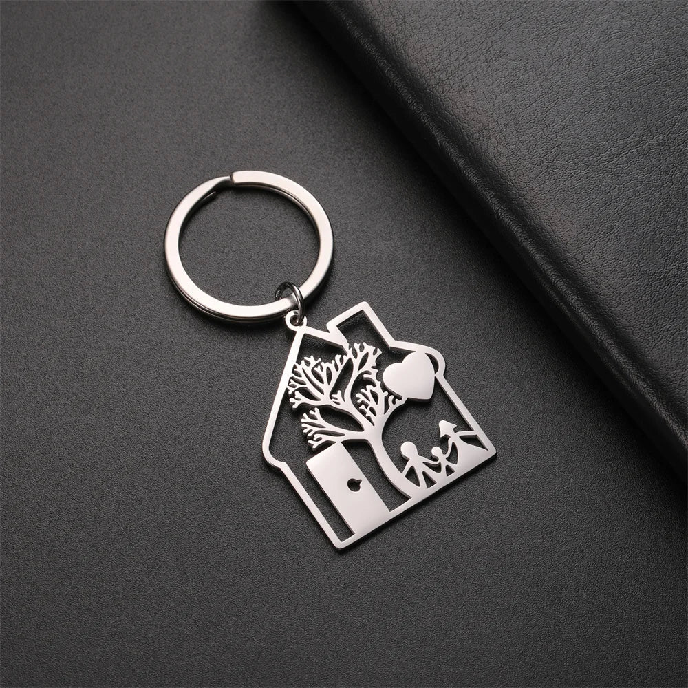 House Shape Keychain with Tree and Family Image