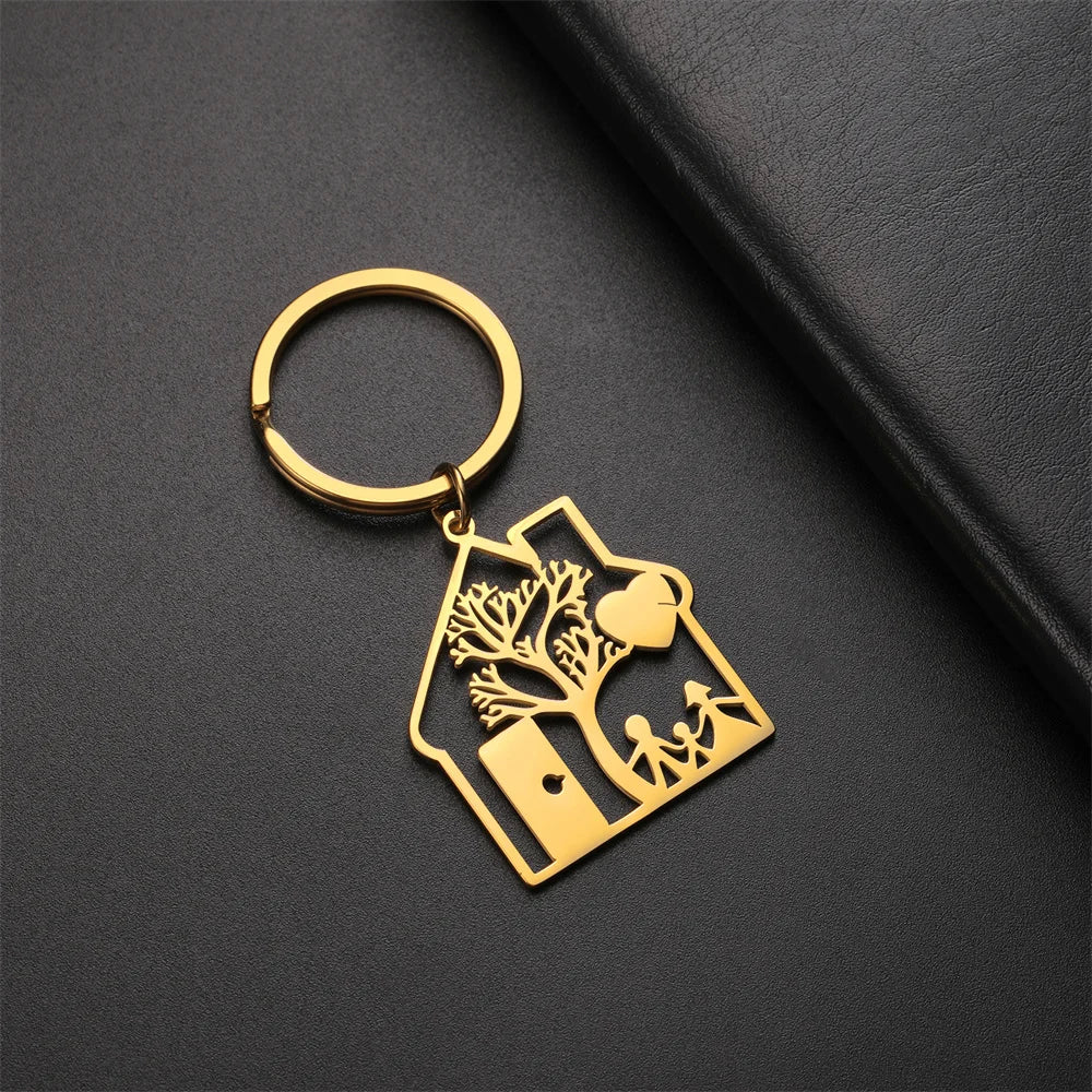 House Shape Keychain with Tree and Family Image