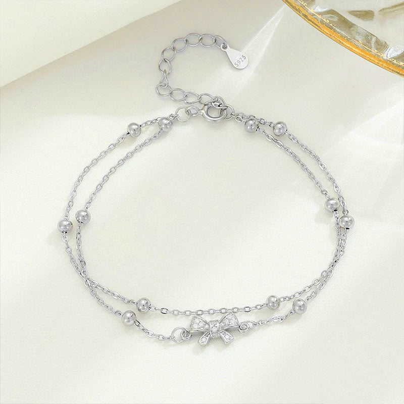 Silver Double-Layer Layered Zircon Bow Tie Charm Bracelet for Women