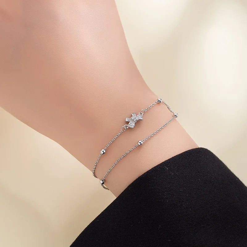 Silver Double-Layer Layered Zircon Bow Tie Charm Bracelet for Women