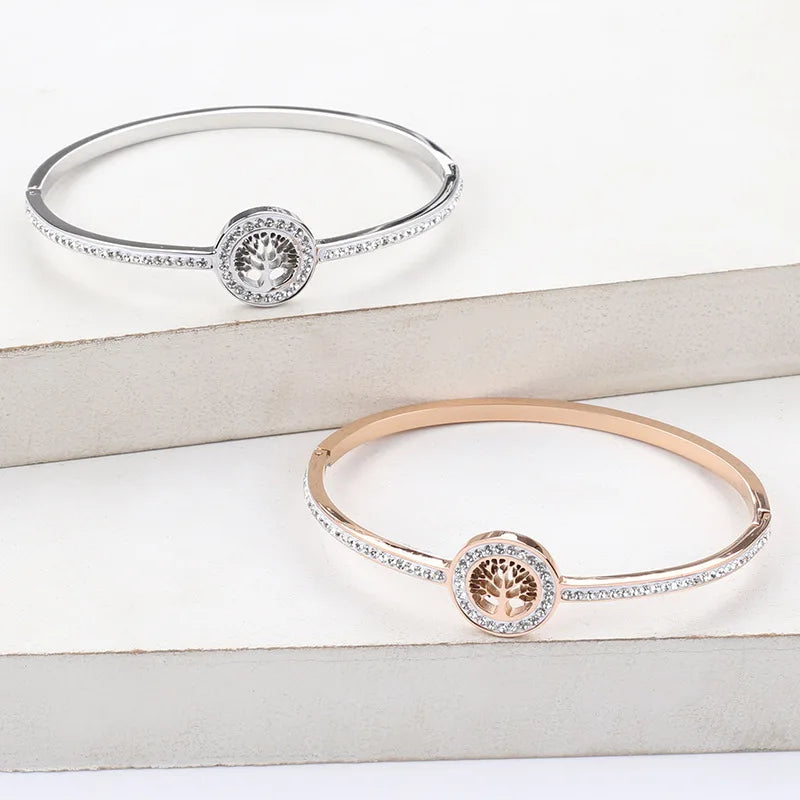 18K Gold-Plated Diamond Tree Of Life Charm Bangle Bracelet for Women