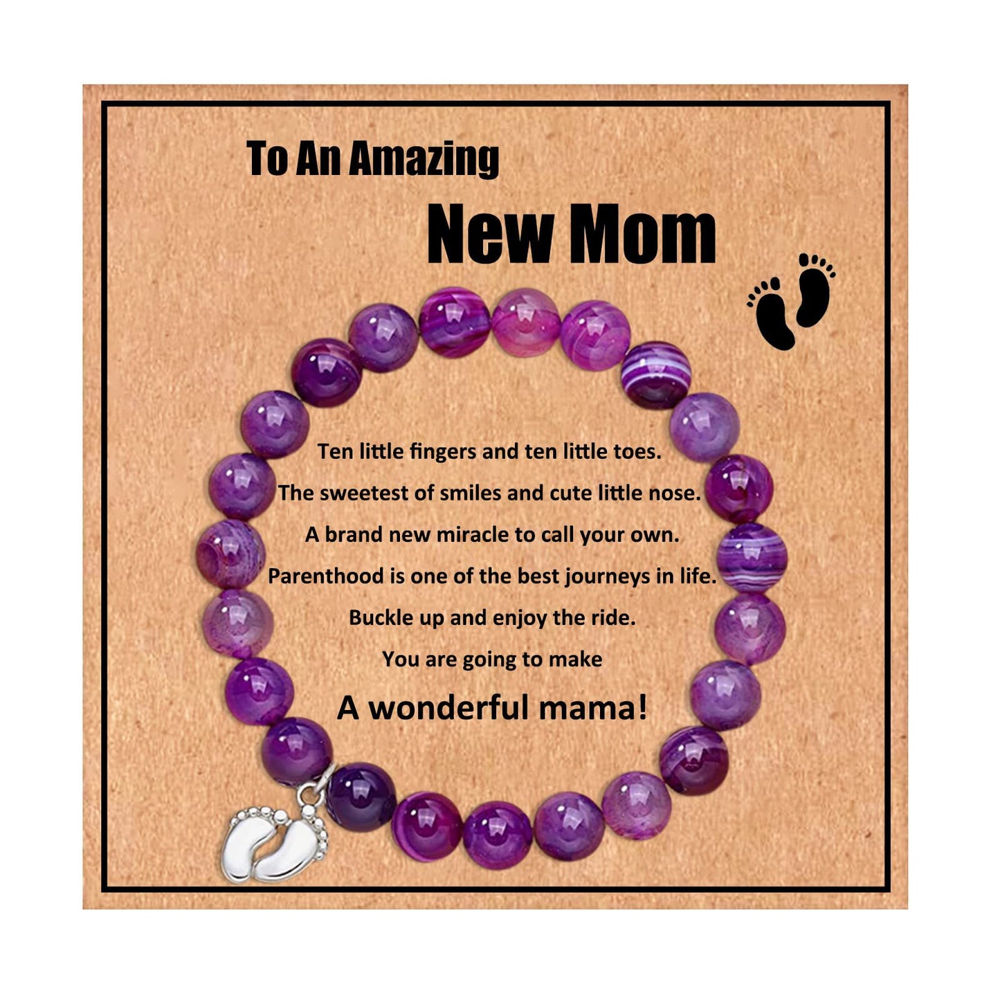 "New Mom" Natural Bead Stone Bracelet with Tiny Feet Charm for Women