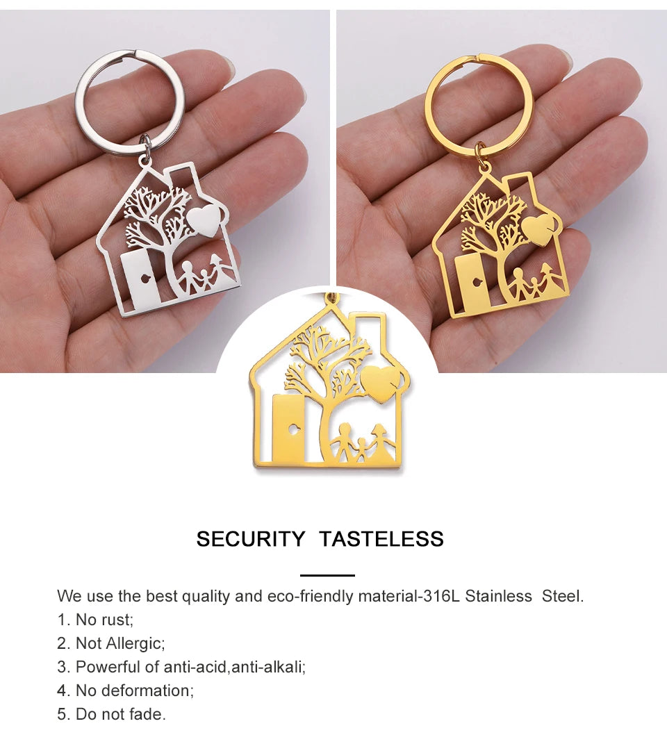 House Shape Keychain with Tree and Family Image