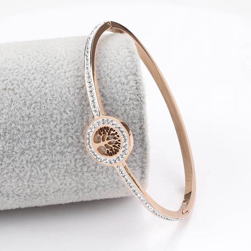 18K Gold-Plated Diamond Tree Of Life Charm Bangle Bracelet for Women