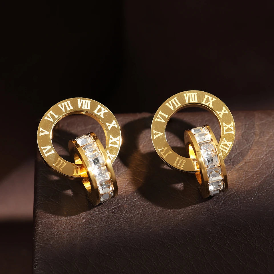 Roman Numerals Detail Rhinestone Stud Earrings for Women