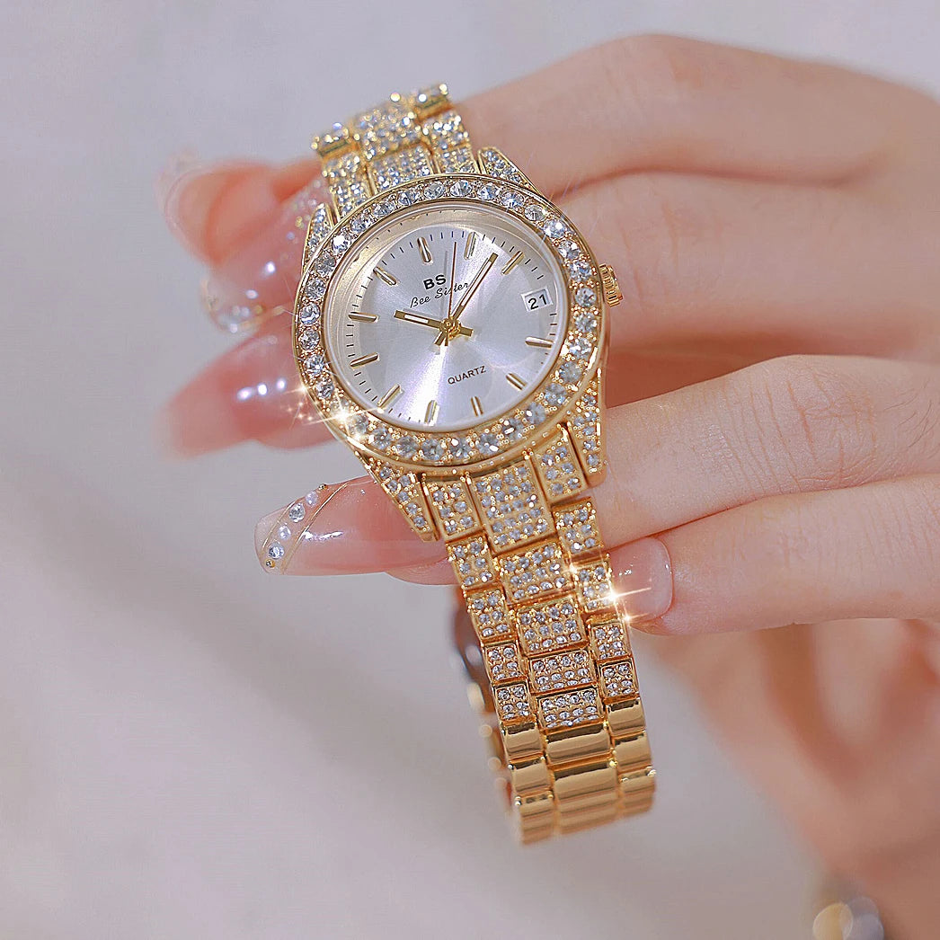 Luxury Crystal Silver Gold Quartz Watches with Calendar for Women