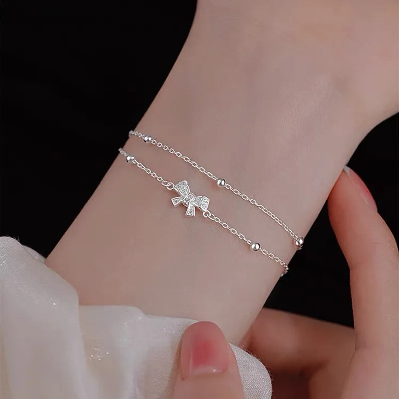 Silver Double-Layer Layered Zircon Bow Tie Charm Bracelet for Women