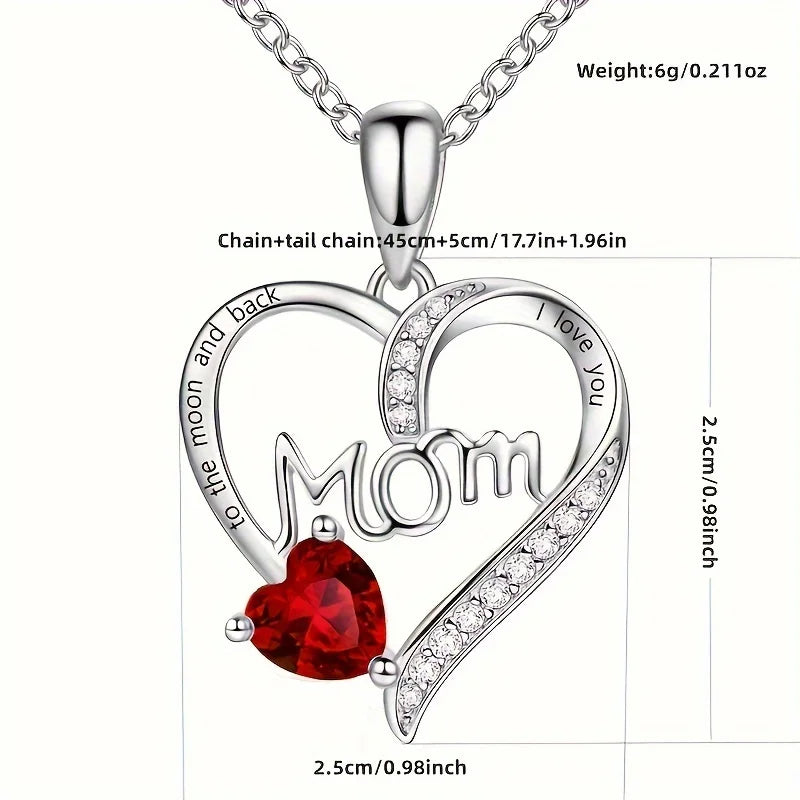 "Mom I Love You to the Moon and Back" Engraved Pendant Necklaces with Colored Heart Stones for Women