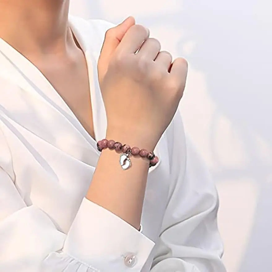 "New Mom" Natural Bead Stone Bracelet with Tiny Feet Charm for Women