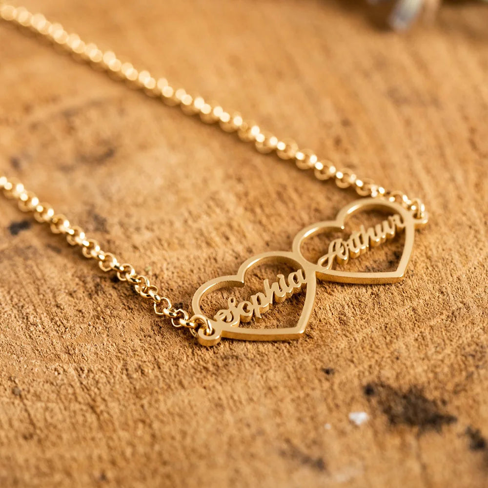 Custom Personalized Double Heart with 2 Names Bracelet