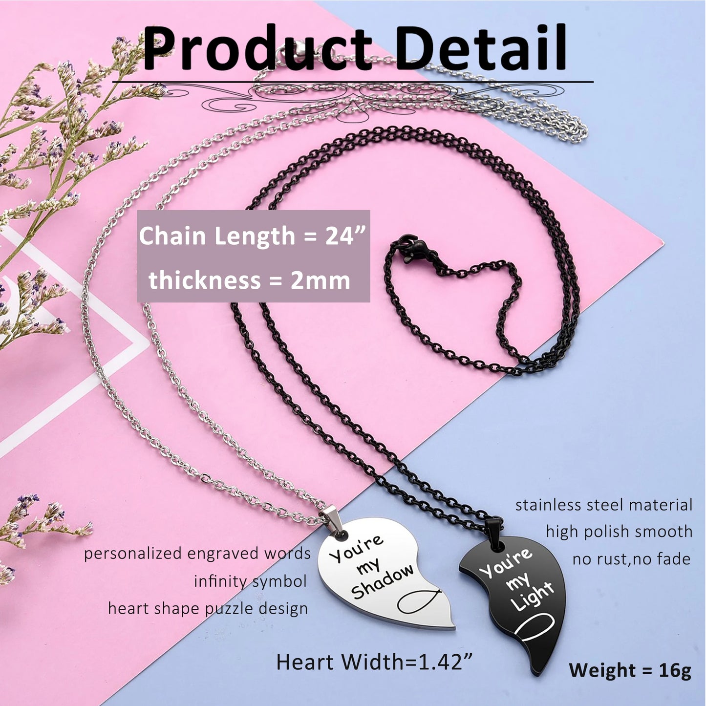 Custom/Non-Custom Personalized Message Yin Yang Stainless Steel Heart Puzzle Pendant Necklaces (non-custom message "You're my Shadow/You're my Light")