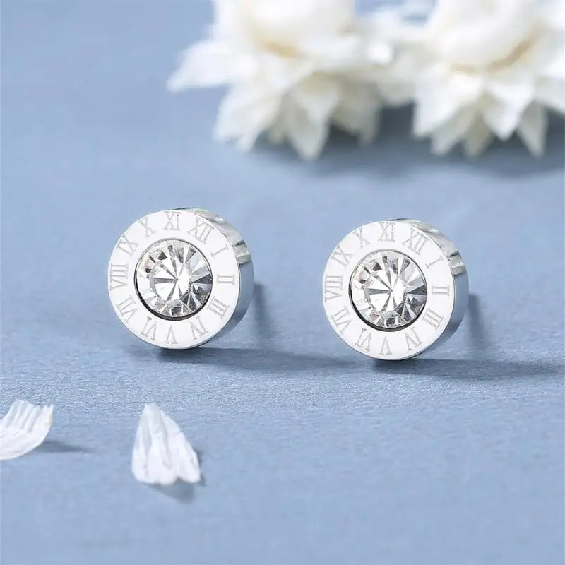 Roman Numerals Detail Rhinestone Stud Earrings for Women