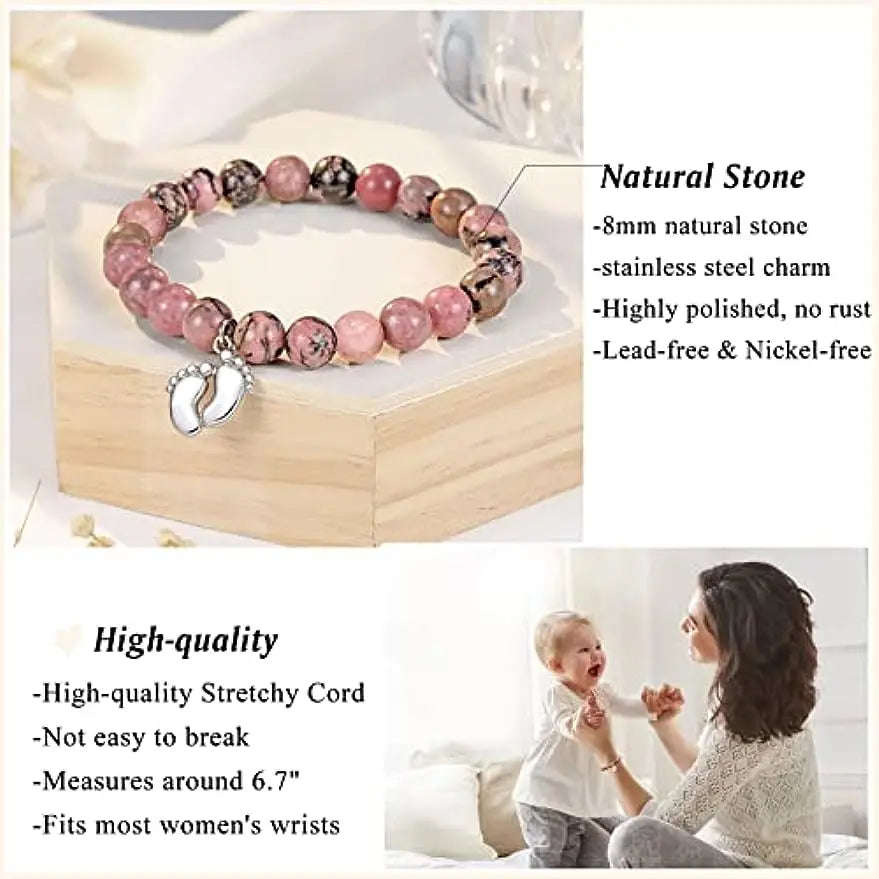 "New Mom" Natural Bead Stone Bracelet with Tiny Feet Charm for Women