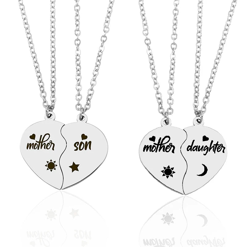 "Mother/Son" & "Mother/Daughter" 2Pcs Heart Puzzle Pendant Necklace Sets