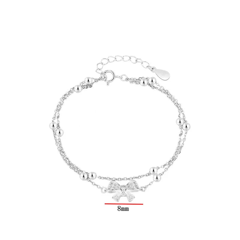 Silver Double-Layer Layered Zircon Bow Tie Charm Bracelet for Women