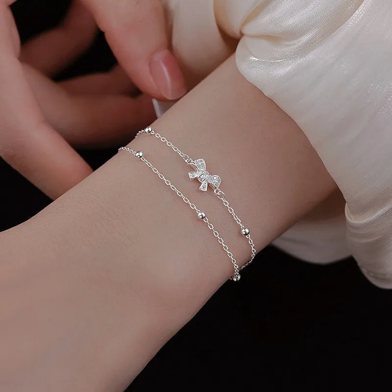 Silver Double-Layer Layered Zircon Bow Tie Charm Bracelet for Women