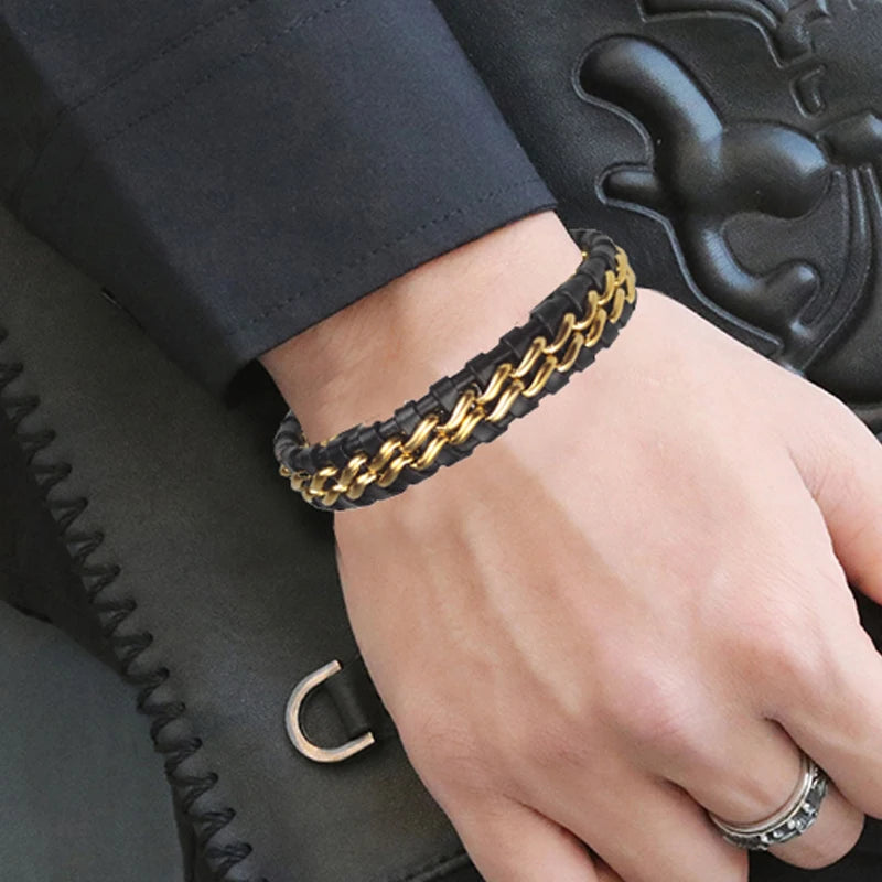 Genuine Leather Woven Silver/Gold Plated Magnetic Chain Bracelet for Men