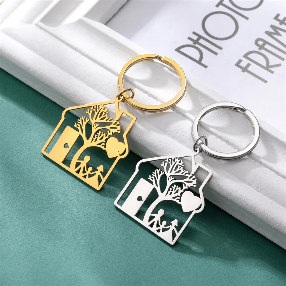 House Shape Keychain with Tree and Family Image