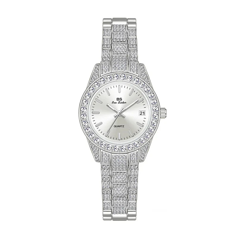 Luxury Crystal Silver Gold Quartz Watches with Calendar for Women