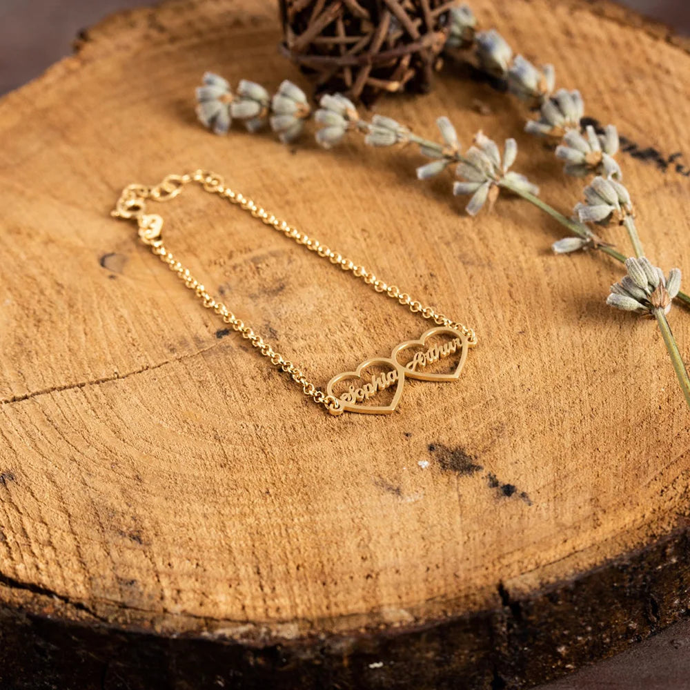 Custom Personalized Double Heart with 2 Names Bracelet