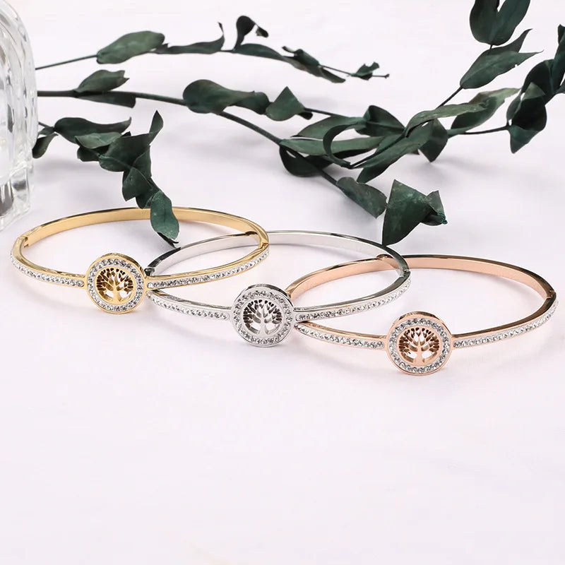 18K Gold-Plated Diamond Tree Of Life Charm Bangle Bracelet for Women