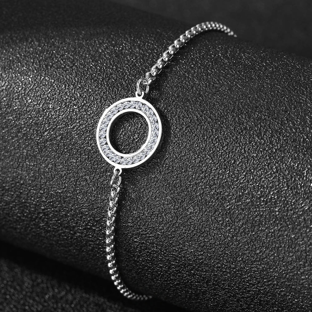 Stainless Steel Diamond Circle Charm Bracelet for Women