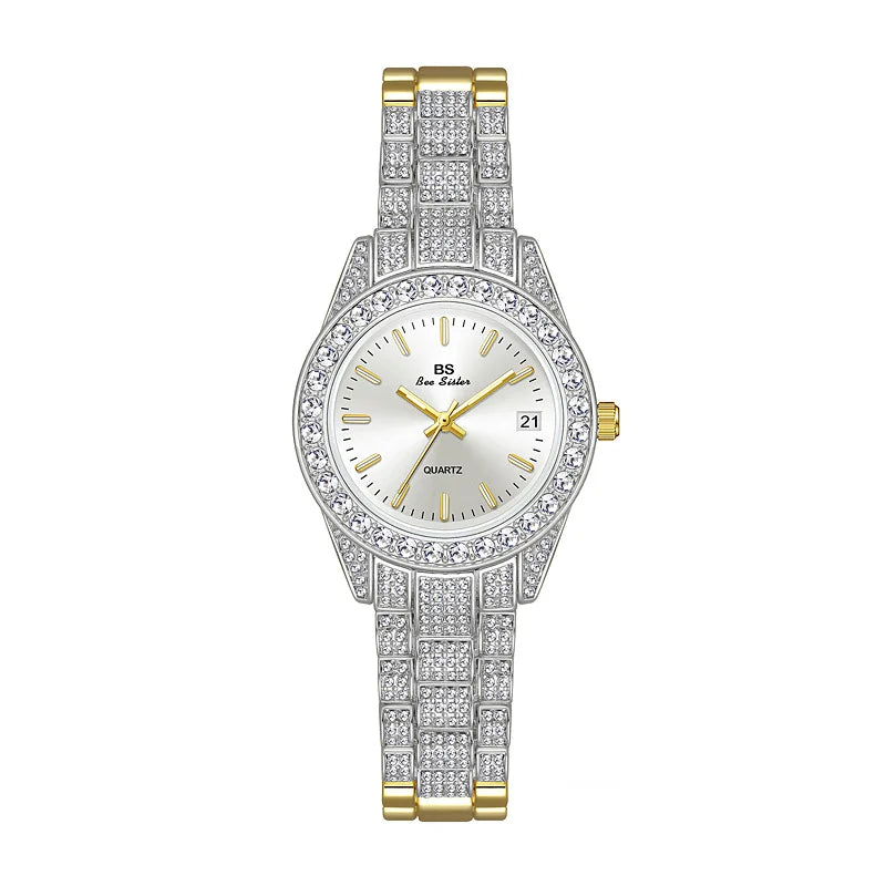 Luxury Crystal Silver Gold Quartz Watches with Calendar for Women