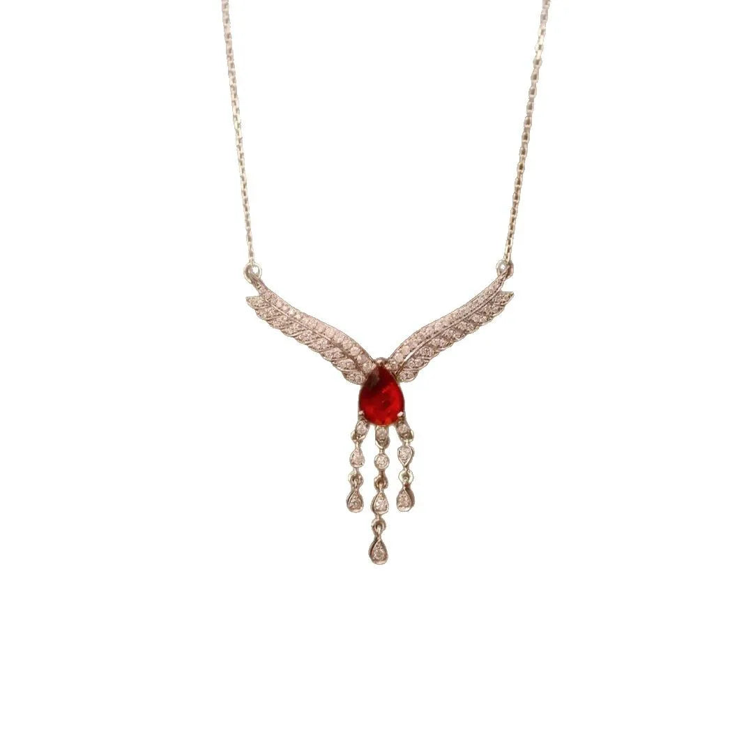 Luxurious Red Gemstone with Diamond Zircon Wings Pendant Necklace for Women