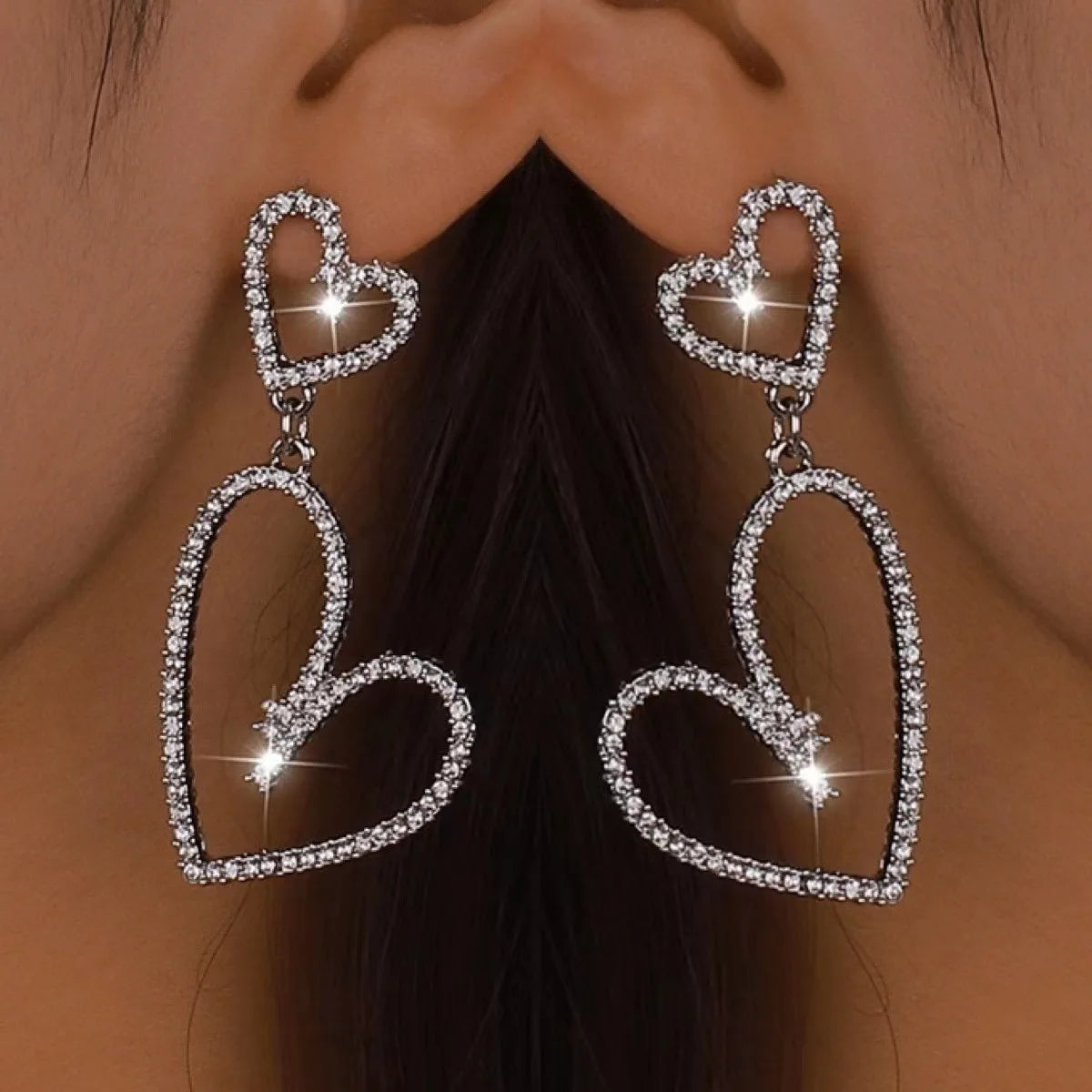 Diamond Double Heart Dangle Earrings for Women