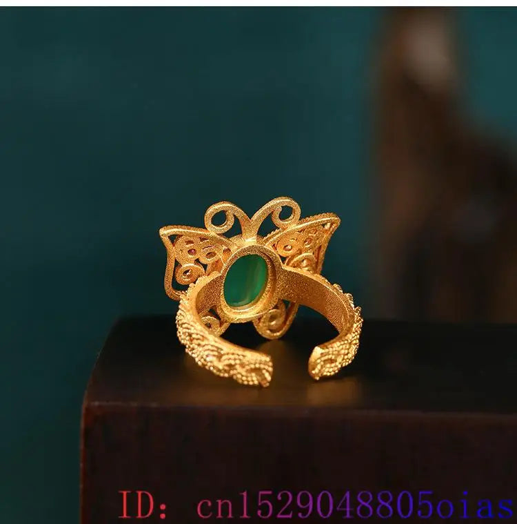 18K Gold Plated Green Genuine Jade Stone Adjustable Butterfly Ring