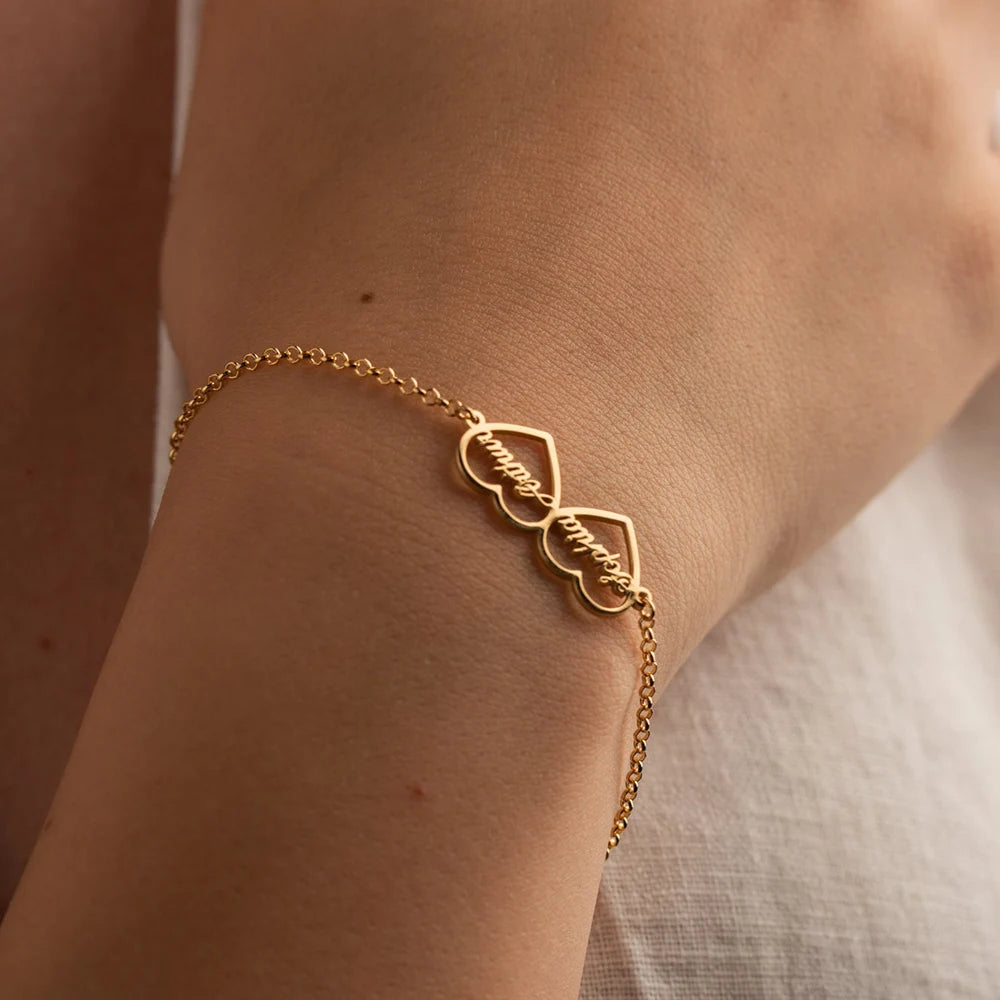 Custom Personalized Double Heart with 2 Names Bracelet