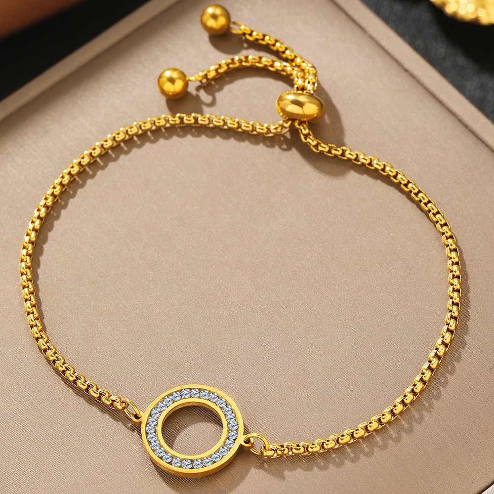 Stainless Steel Diamond Circle Charm Bracelet for Women
