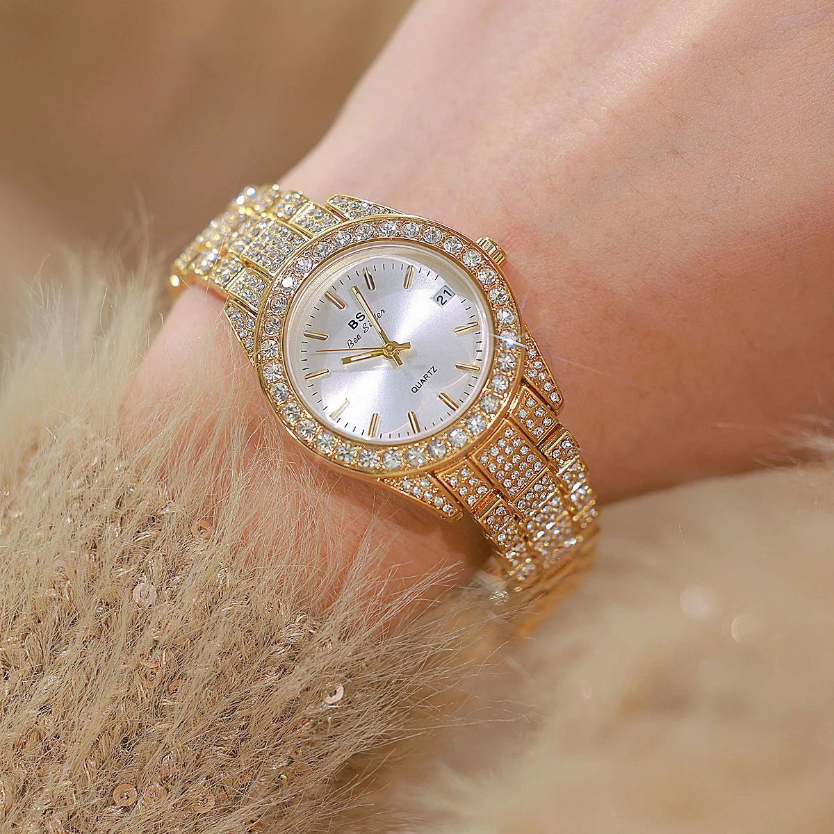Luxury Crystal Silver Gold Quartz Watches with Calendar for Women
