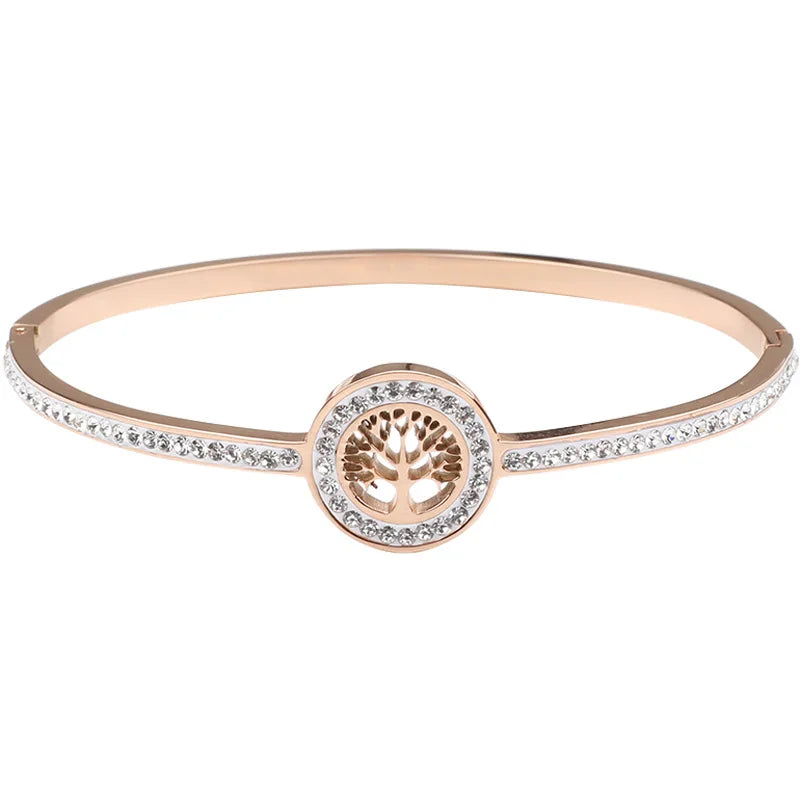 18K Gold-Plated Diamond Tree Of Life Charm Bangle Bracelet for Women