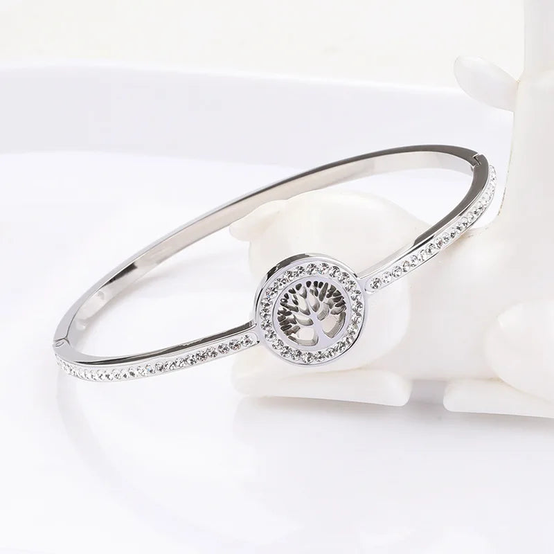 18K Gold-Plated Diamond Tree Of Life Charm Bangle Bracelet for Women