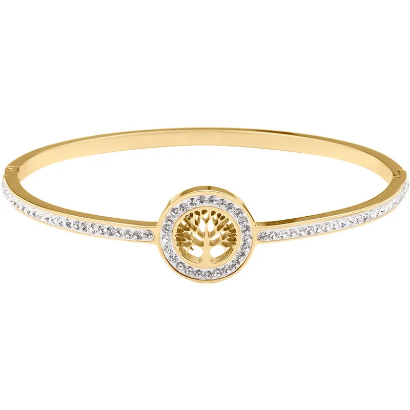 18K Gold-Plated Diamond Tree Of Life Charm Bangle Bracelet for Women