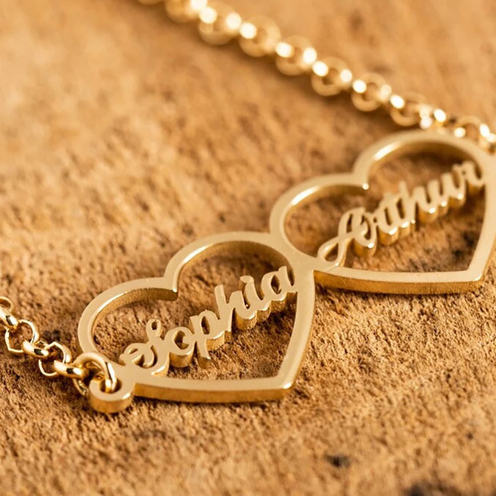 Custom Personalized Double Heart with 2 Names Bracelet