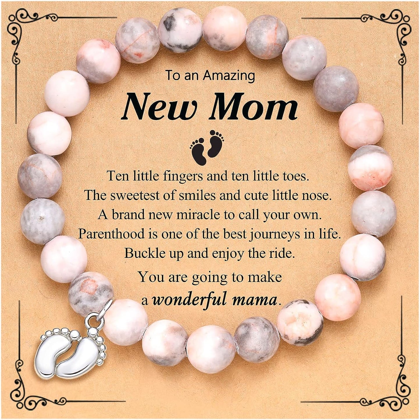 "New Mom" Natural Bead Stone Bracelet with Tiny Feet Charm for Women