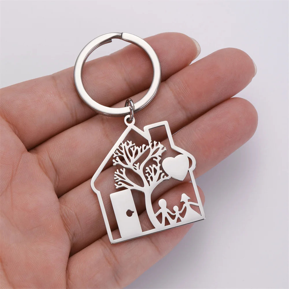 House Shape Keychain with Tree and Family Image