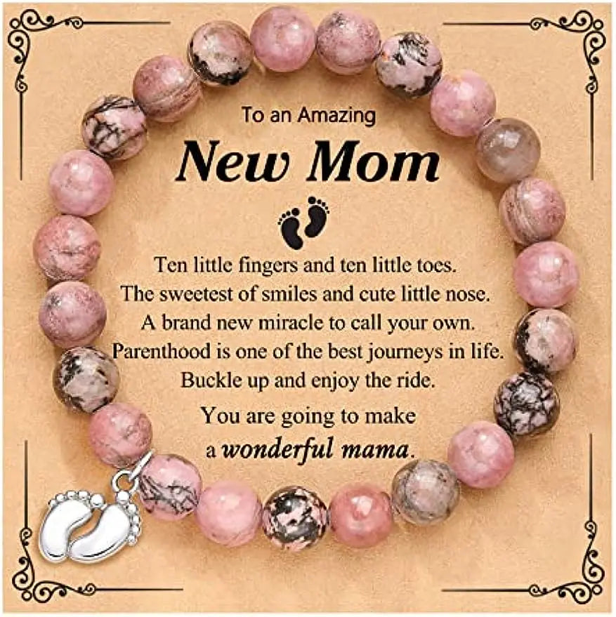 "New Mom" Natural Bead Stone Bracelet with Tiny Feet Charm for Women