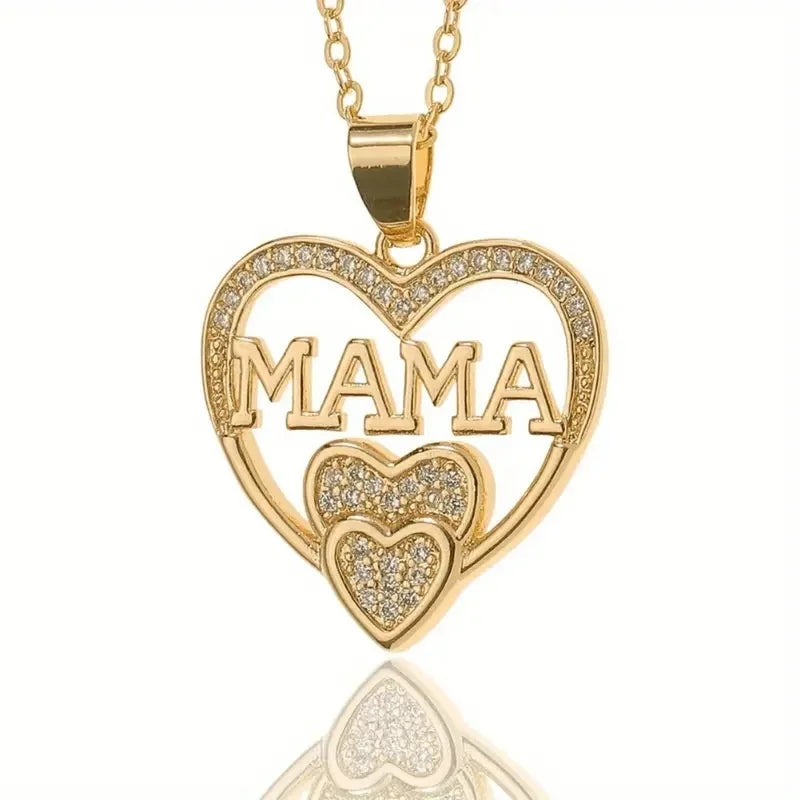 "MAMA" Zircon Heart with Two Tiny Hearts Pendant Necklace for Women