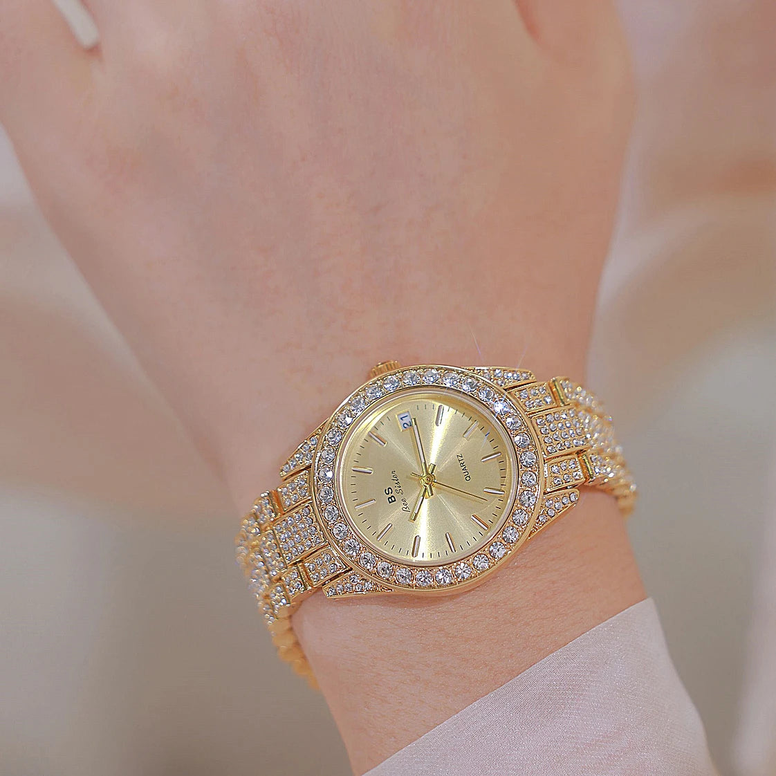 Luxury Crystal Silver Gold Quartz Watches with Calendar for Women