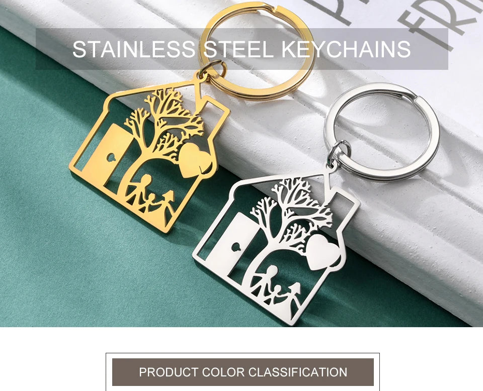 House Shape Keychain with Tree and Family Image